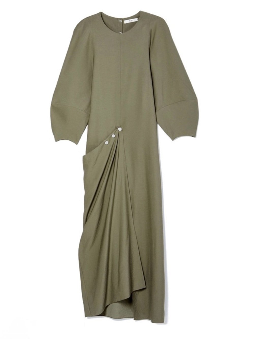 Tibi Olive Green Maxi Dress with Draped Side Detail